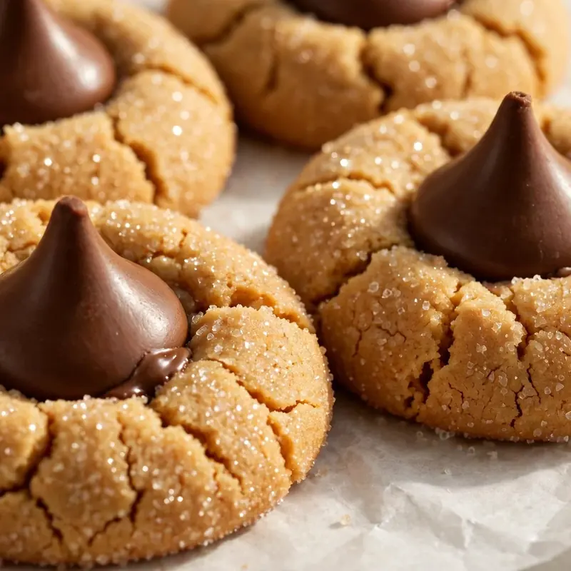 Golden peanut butter blossom cookies on white parchment paper, Hershey's Kiss pressed perfectly into the center of each cookie, granulated sugar coating visible on the dough, chocolate kiss slightly melted at the base where it meets the warm cookie, warm golden kitchen light, 45-degree close-up angle, rustic wooden background, unwrapped chocolate kisses scattered around the plate.