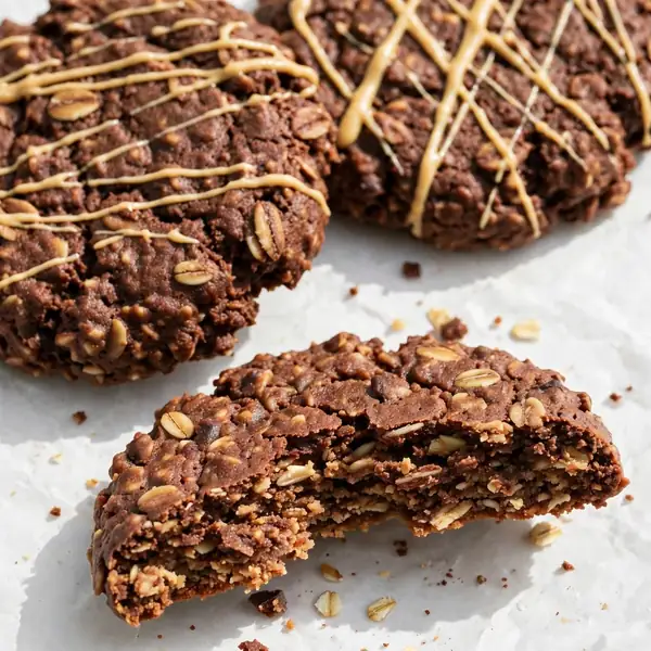 Round no-bake peanut butter chocolate oat cookies on white parchment paper, deep chocolate brown color with visible oat texture throughout, slightly uneven rustic edges showing handmade character, one cookie broken showing dense chewy interior, scattered rolled oats and peanut butter drizzle on top of two cookies, bright natural daylight, top-down angle, clean light background.