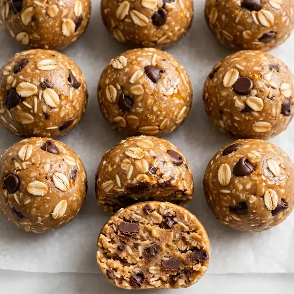 Round golden peanut butter oat energy balls on white parchment paper, studded with chocolate chips and honey-glazed oats throughout, smooth rounded shape with a slight sheen, stacked in a small pyramid showing uniform size, scattered rolled oats and chocolate chips around, bright clean natural daylight, top-down angle, white marble background, minimal styling.