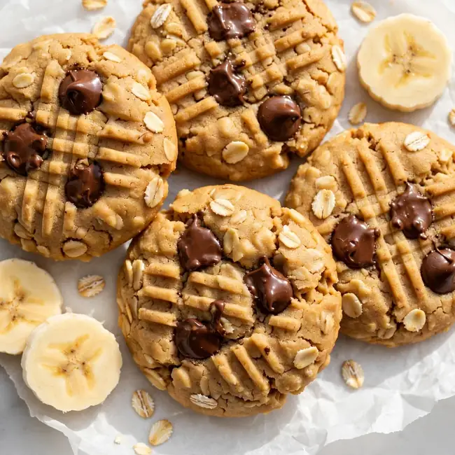 Golden peanut butter banana cookies on white parchment paper, natural golden color from ripe banana, soft rounded tops with fork crosshatch marks, dense and chewy oat texture visible throughout, melted chocolate chips on top, scattered oats and banana slices around, bright natural daylight from above, top-down camera angle, clean white marble surface.
