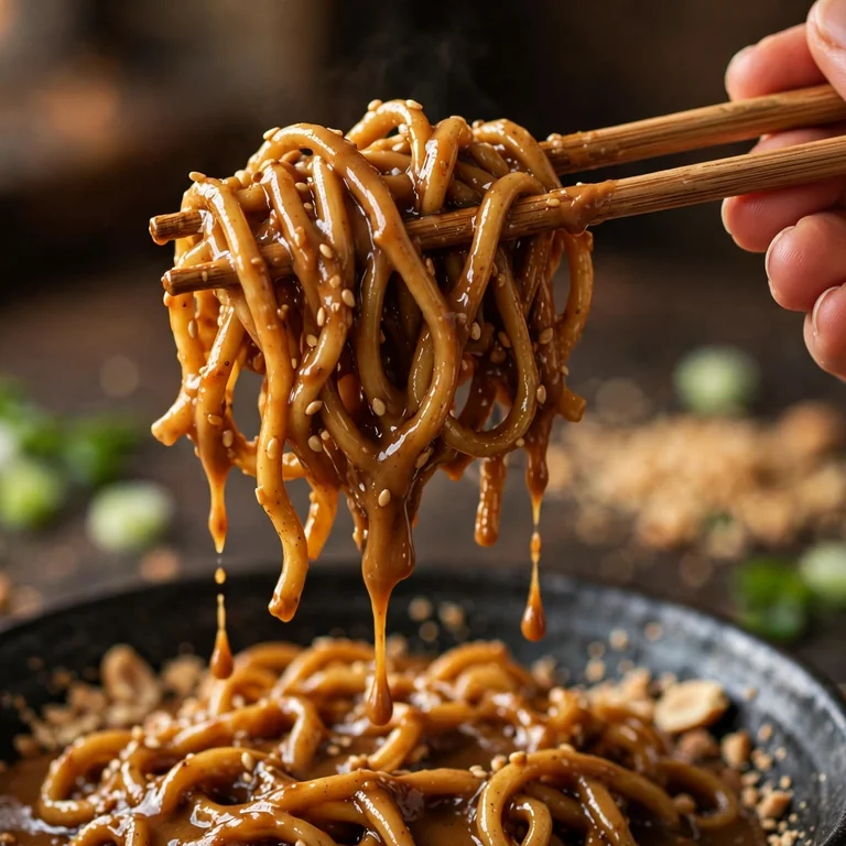 Chopsticks lifting peanut butter noodles from dark bowl showing glossy sauce