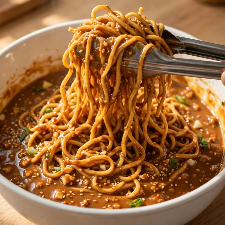 Hot noodles being tossed with peanut sauce in white mixing bowl using tongs