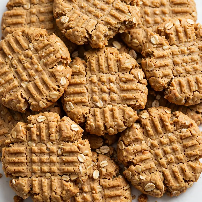 Peanut butter oatmeal cookies with fork crosshatch marks in a big pile