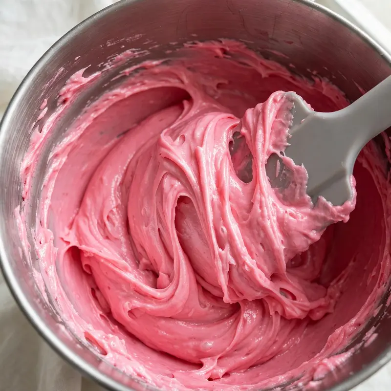 Pink cake batter in a stand mixer bowl showing soft blush pink color from strawberry puree