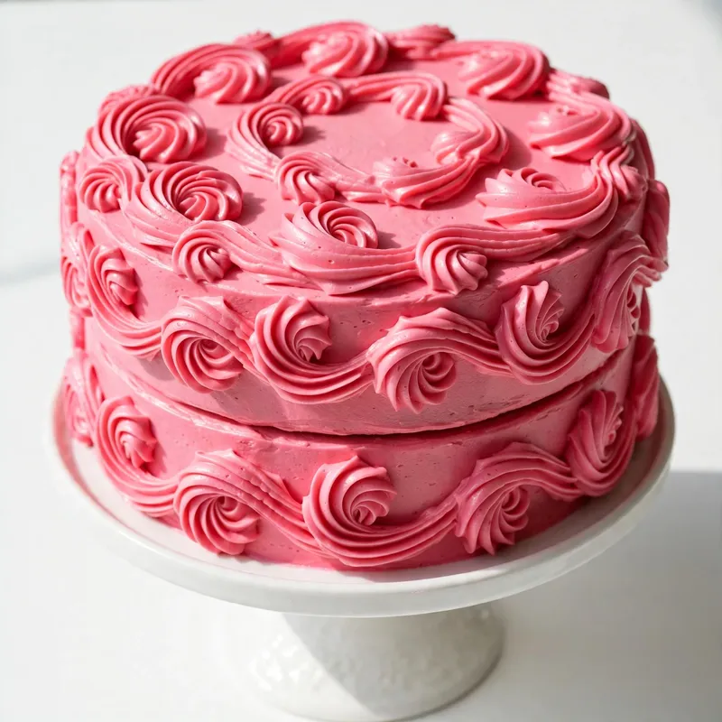 Two-layer pink cake on a white cake stand with a slice cut to reveal pink sponge