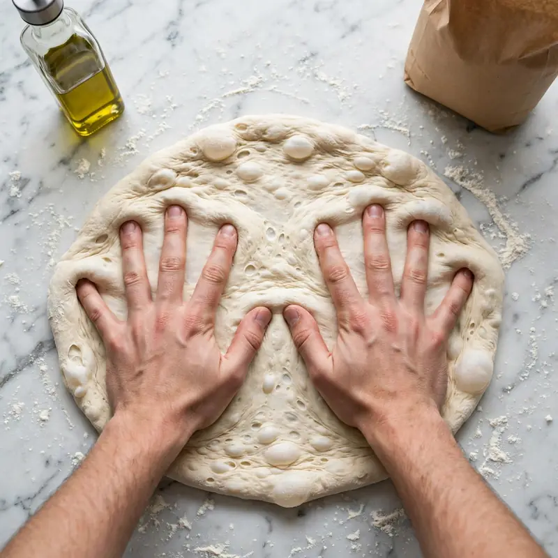 Hand stretching pizza dough