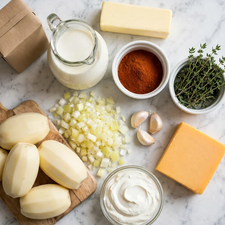 Potato soup ingredients flat lay on white marble including russet potatoes, cheddar, cream, and spices