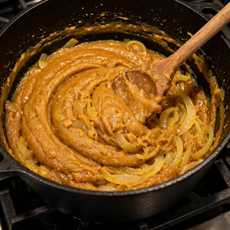 Golden flour roux being stirred into softened onions in a Dutch oven for potato soup