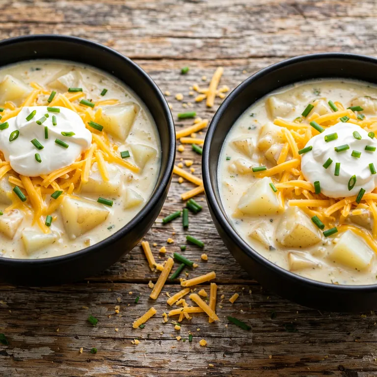 Two bowls of loaded potato soup overhead on weathered oak table with cheddar and chives