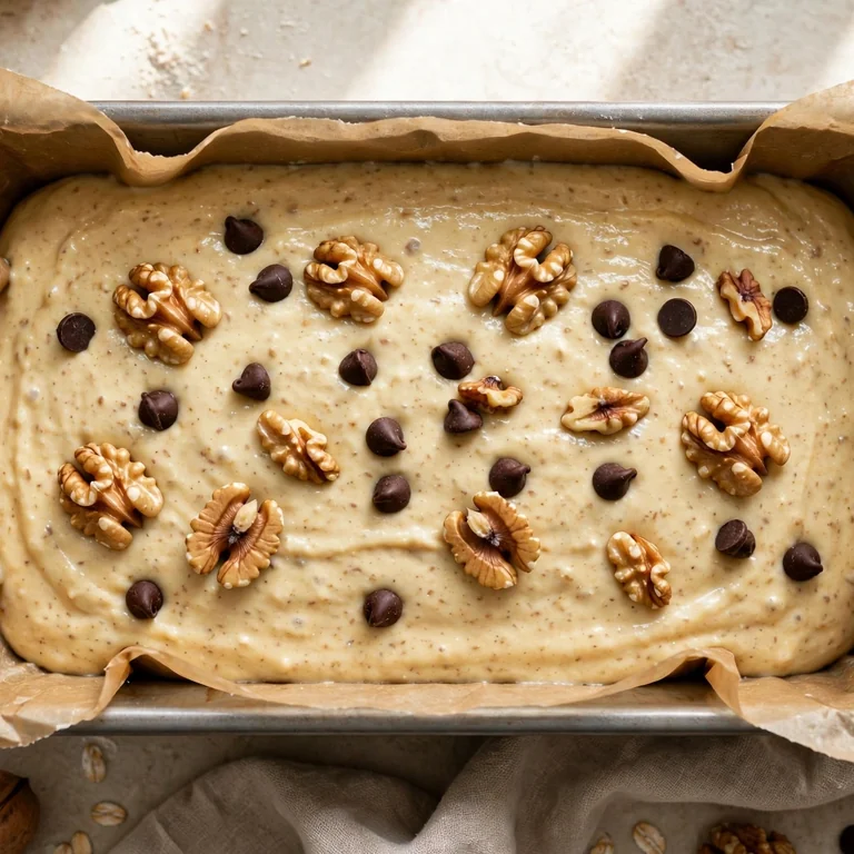 Protein banana bread batter in loaf pan topped with chocolate chips before baking