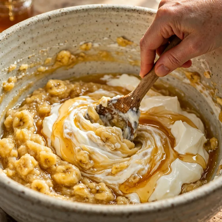 Wet ingredients for protein banana bread being mixed in a ceramic bowl