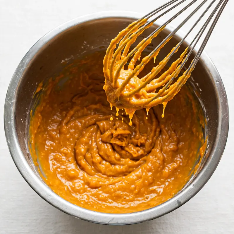 Pumpkin bread wet batter being whisked in a stainless bowl