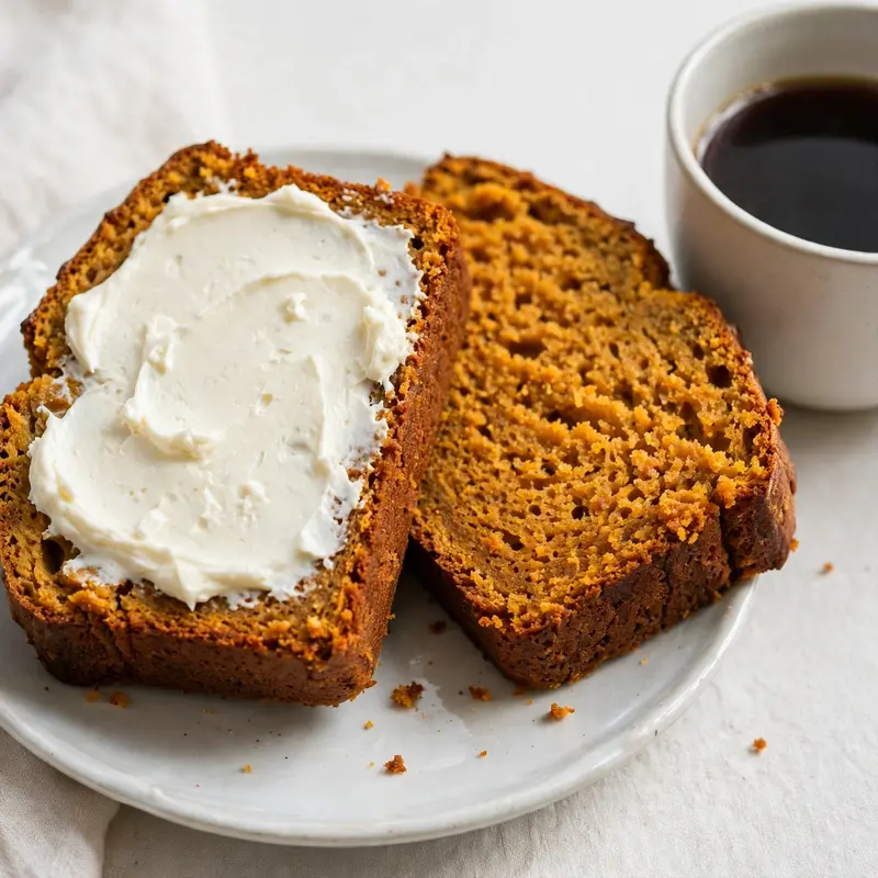 Pumpkin bread slices on white plate with cream cheese and coffee