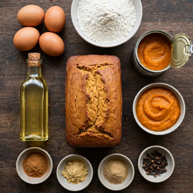 Pumpkin bread ingredients laid out on a dark wood surface