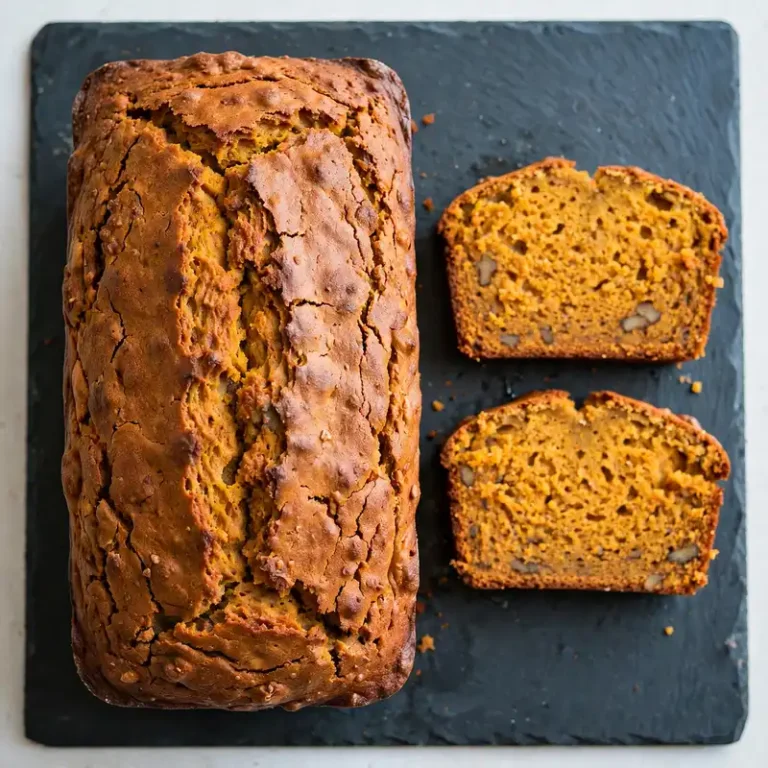 Overhead view of whole pumpkin bread loaf with two slices cut on a slate board