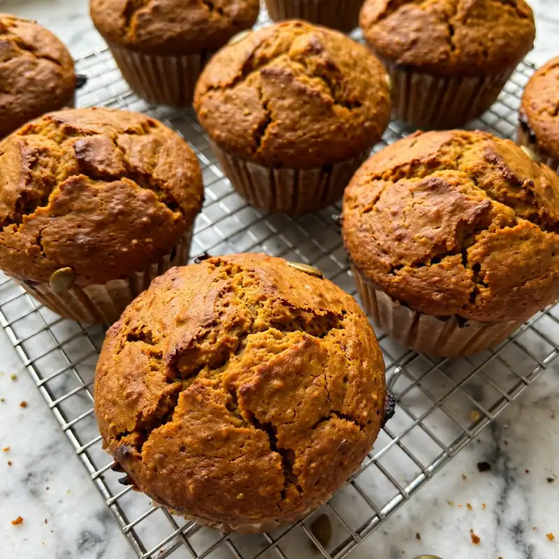 Freshly baked pumpkin muffins cooling on a wire rack