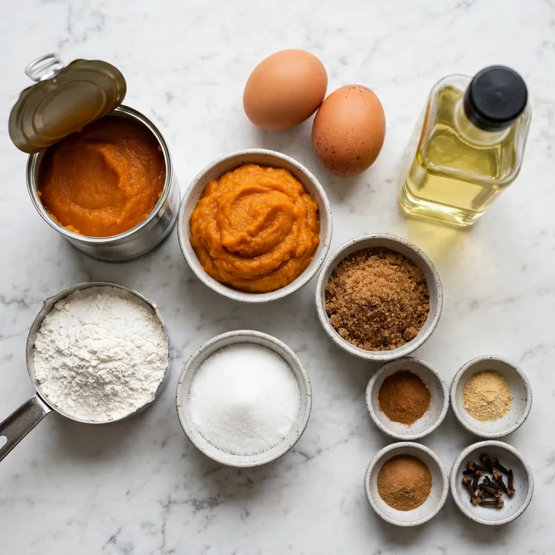 Pumpkin muffin ingredients laid out on white marble including pumpkin puree, spices, and eggs