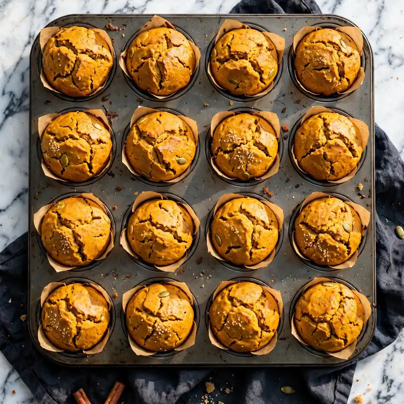 Overhead view of 12 freshly baked pumpkin muffins in a muffin tin