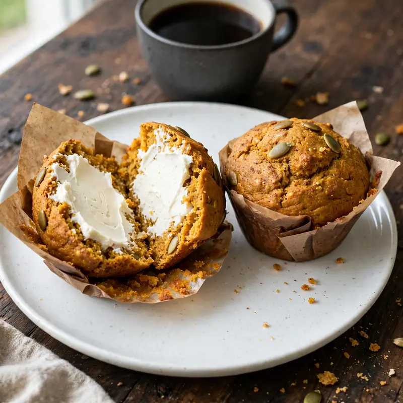 Two pumpkin muffins on a white plate with cream cheese and morning coffee