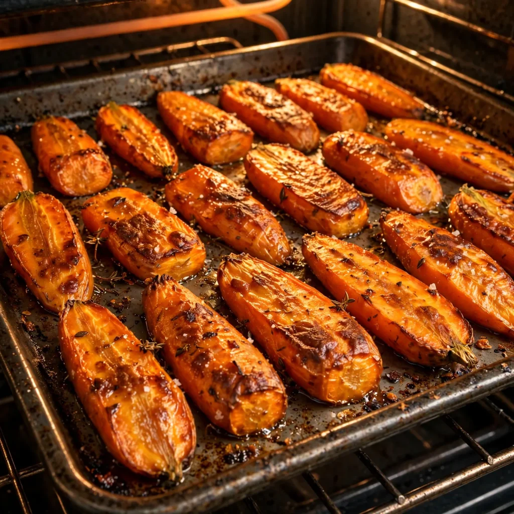 Roasted carrots on baking sheet in oven showing caramelized amber edges and golden browning during roasting