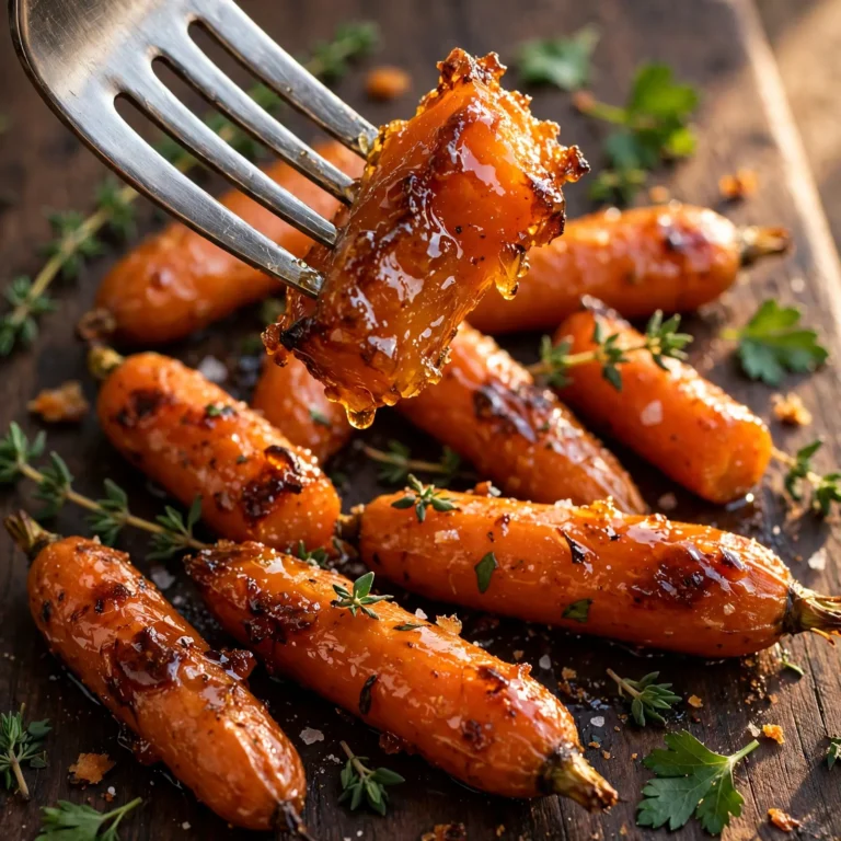 Fork lifting a honey glazed roasted carrot with caramelized edges from a dark wooden board