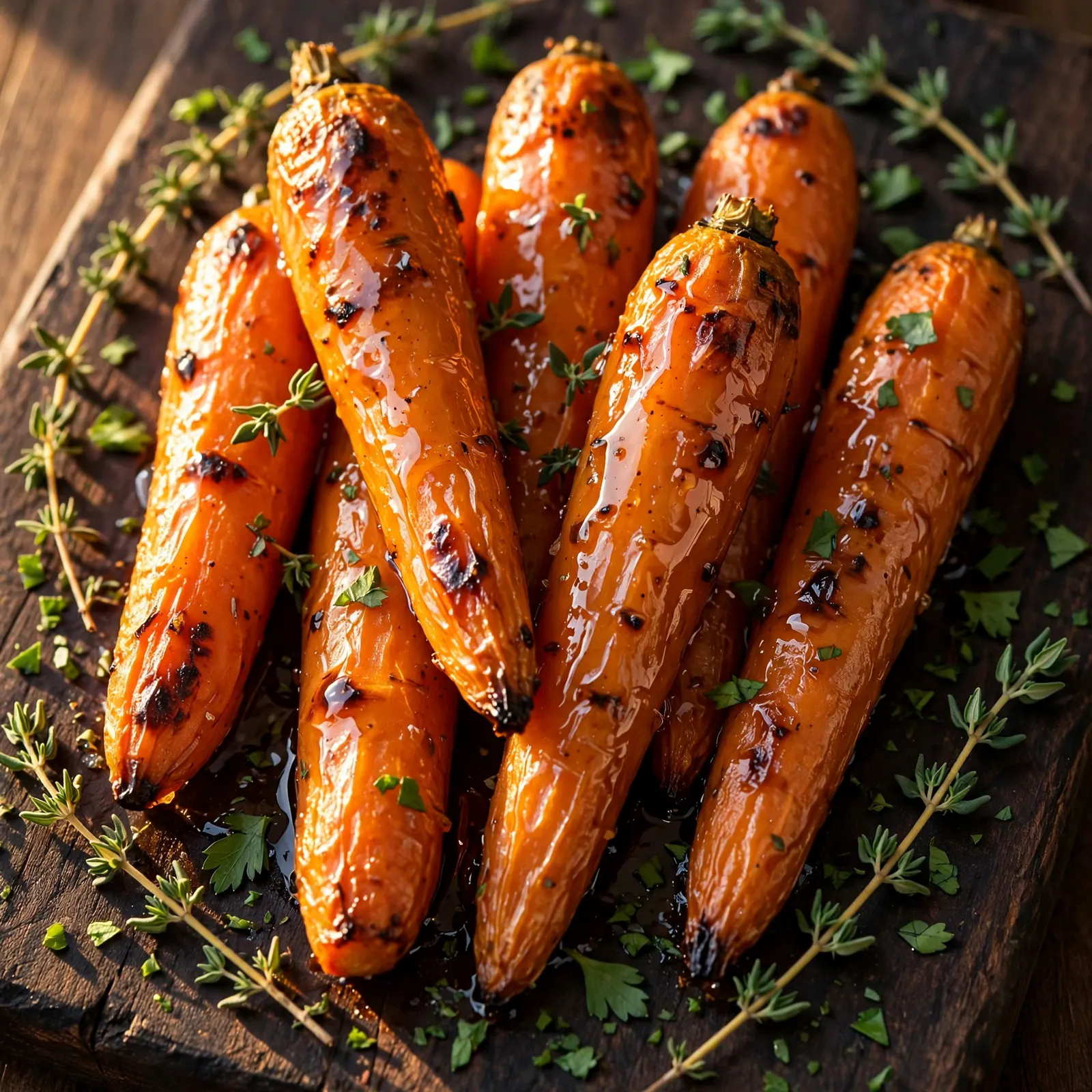 Roasted carrots with caramelized edges and honey glaze on dark wooden board with fresh thyme garnish