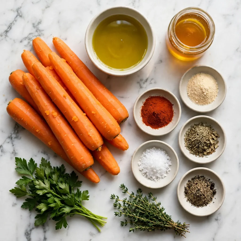 Roasted carrots recipe ingredients flatlay on white marble including whole carrots, honey, olive oil, garlic powder, and fresh herbs