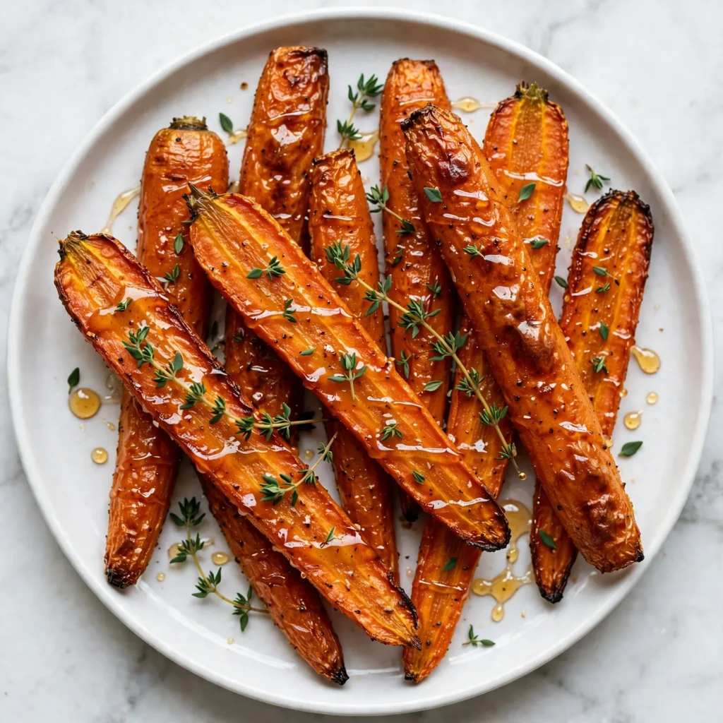 Overhead view of roasted carrots on white plate with caramelized edges fresh thyme and honey drizzle
