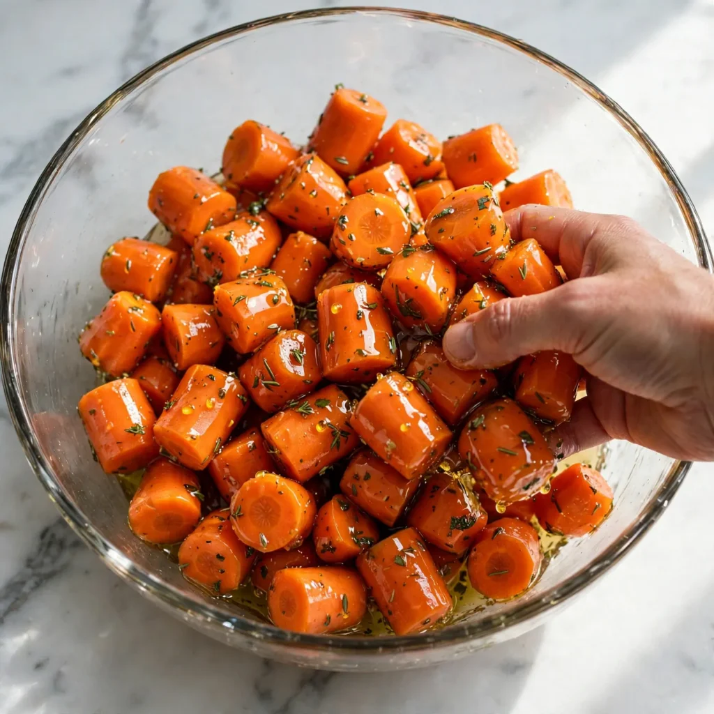 Peeled and cut carrots being tossed with honey and olive oil in glass mixing bowl showing glistening coating