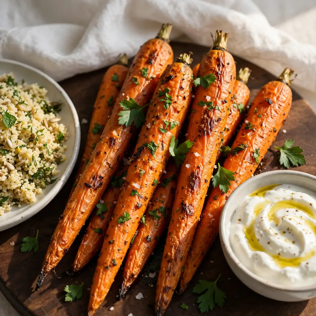 Roasted carrots on dark board beside herbed couscous and Greek yogurt with olive oil drizzle warm natural lighting