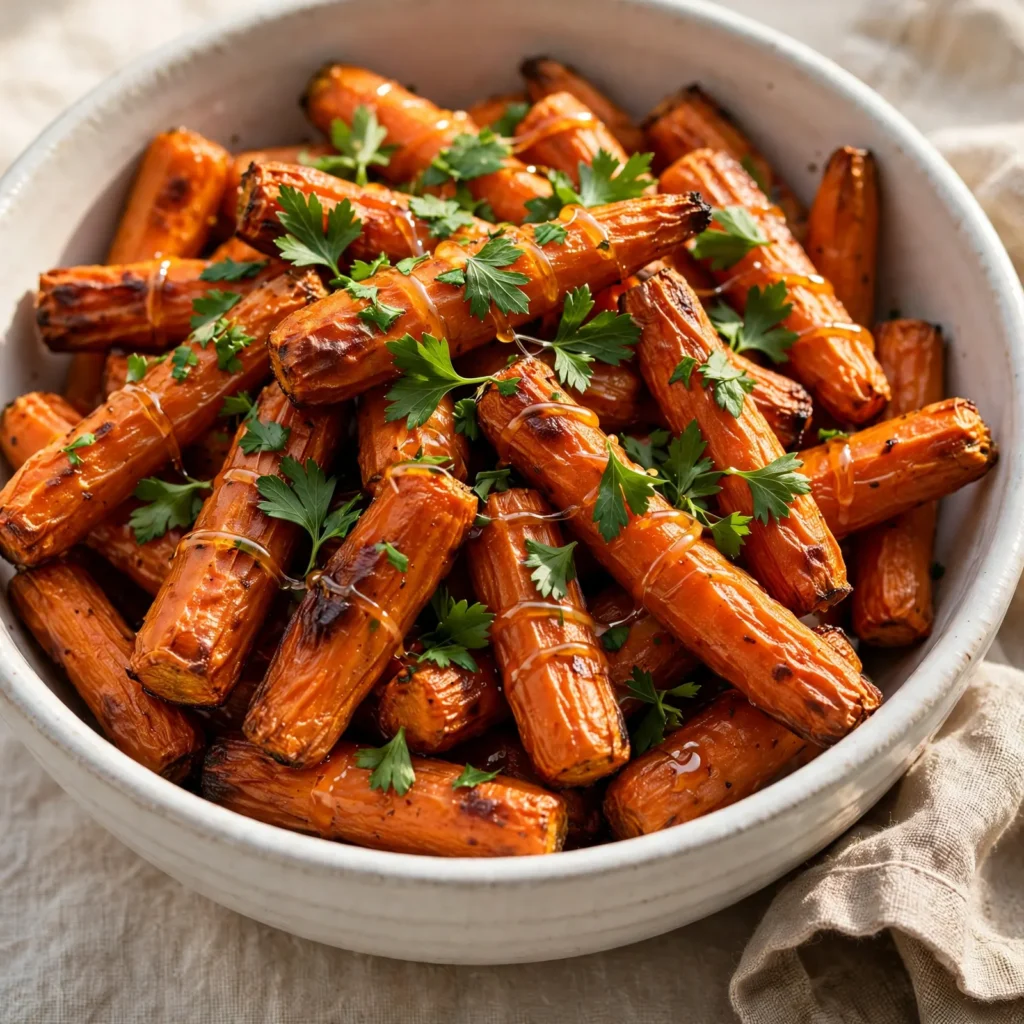 White ceramic bowl of roasted carrots with caramelized amber edges fresh parsley and honey drizzle in warm natural light