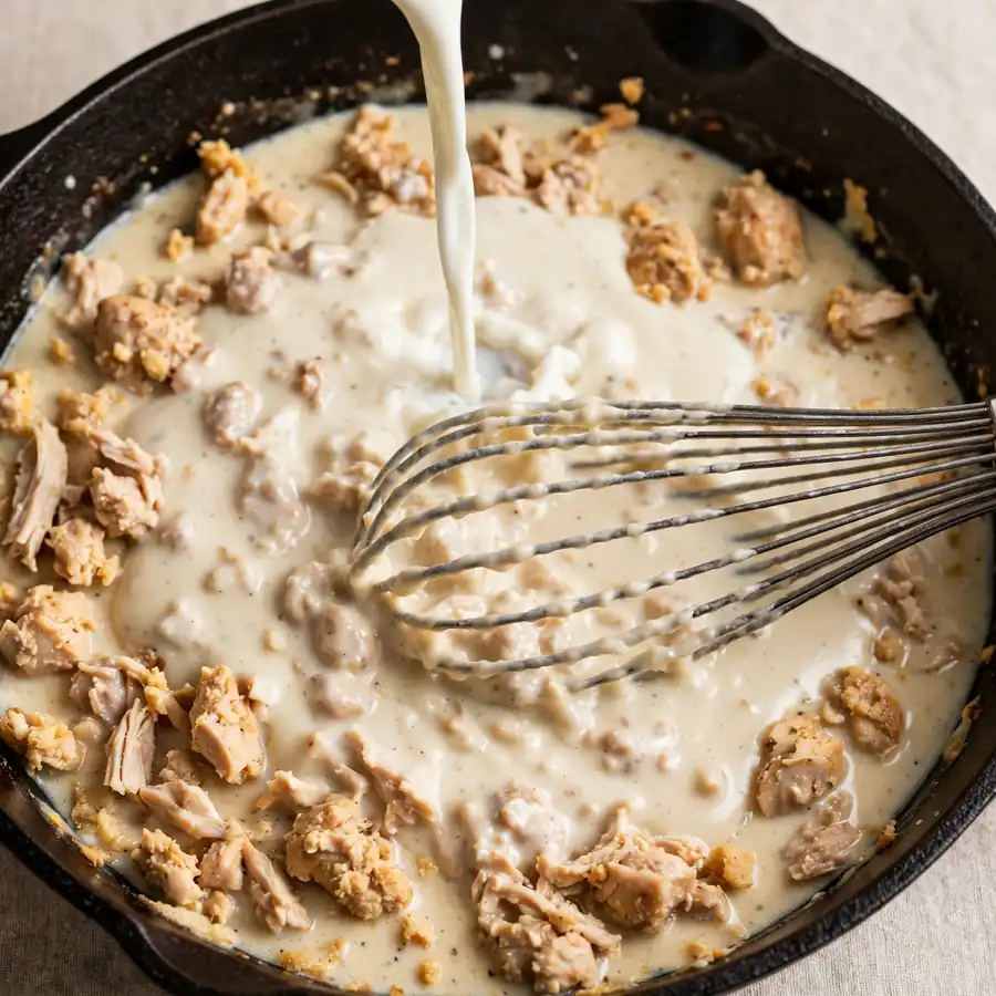 Milk being poured into cast iron skillet with chicken roux and whisk mid-motion showing creamy sausage gravy forming
