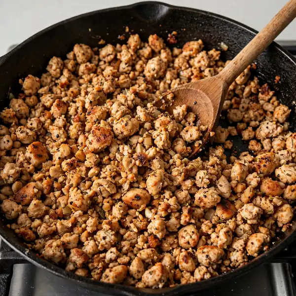 Seasoned ground chicken browning in cast iron skillet with wooden spoon breaking meat into crumbles