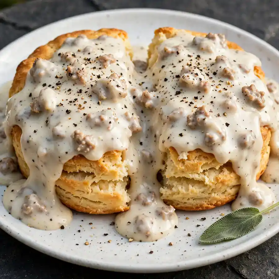 Final beauty shot of sausage gravy over split golden biscuit with chicken crumbles, pepper, and sage on dark stone