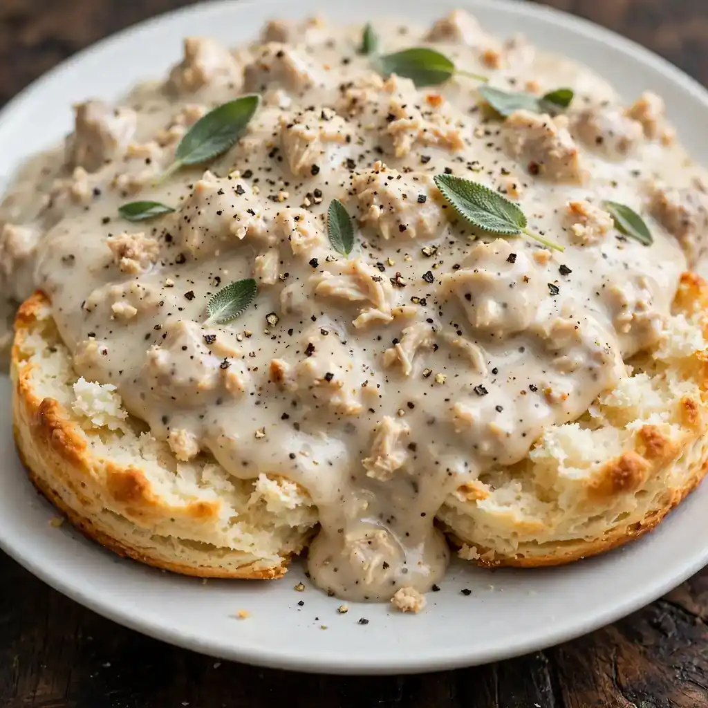 Sausage gravy over split golden biscuit on white plate with pepper and sage on dark wood