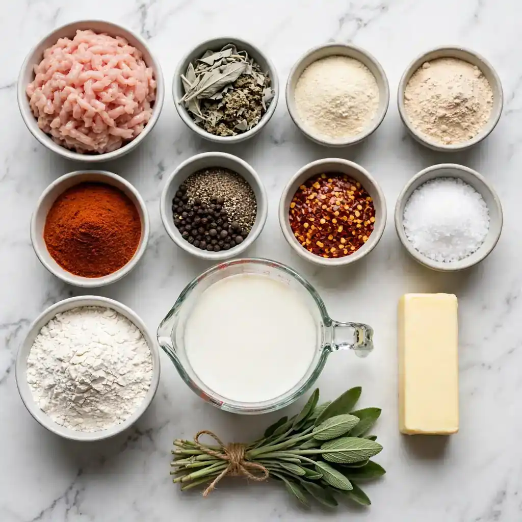 Sausage gravy ingredients flat lay on white marble including ground chicken, milk, flour, and seasoning spices