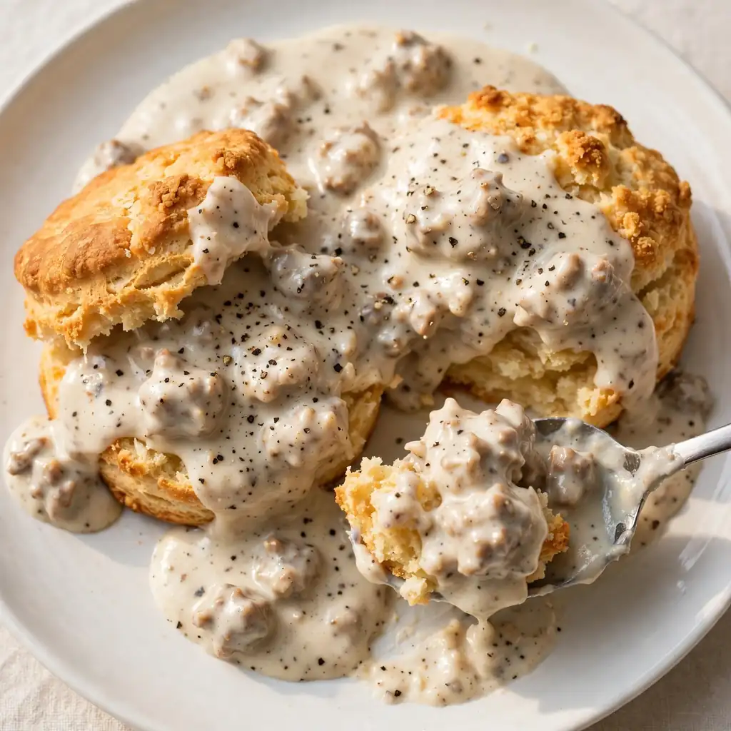 Sausage gravy poured over split biscuits on white plate with visible chicken crumbles and cracked pepper on dark linen