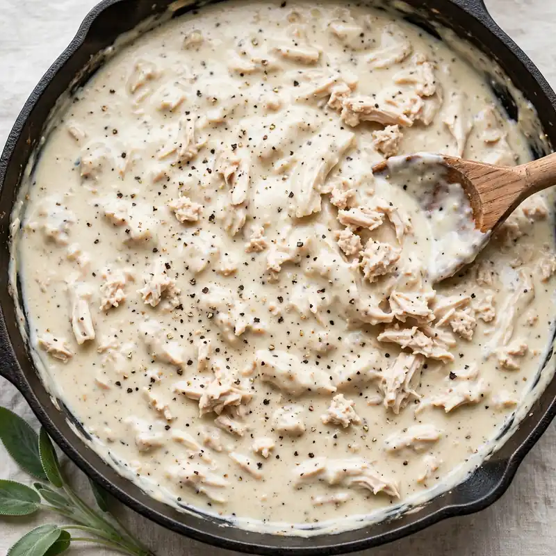 Overhead view of sausage gravy in cast iron skillet with chicken crumbles, pepper, and wooden spoon on white marble