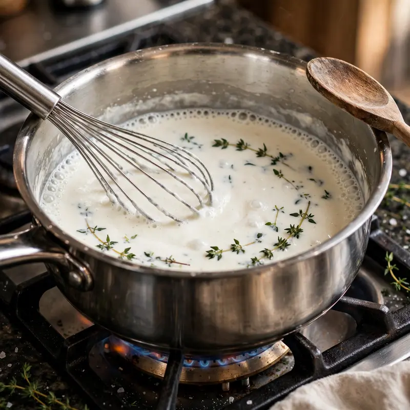 Cream sauce for scalloped potatoes simmering in a saucepan