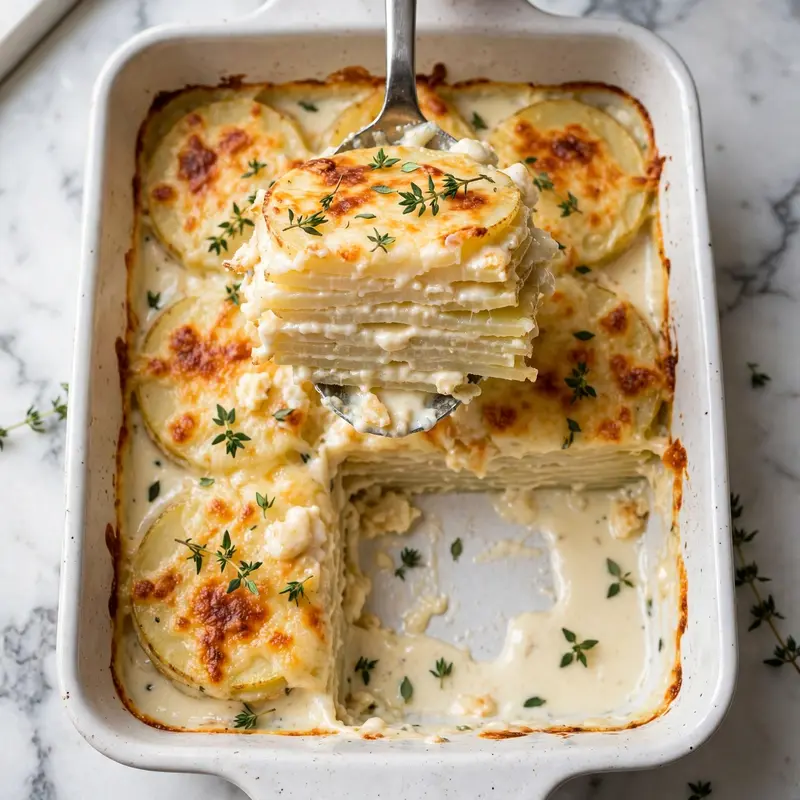 Freshly baked scalloped potatoes with golden cheese top out of the oven