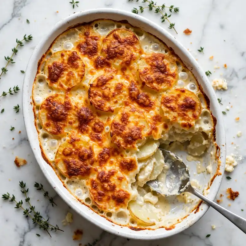 Overhead view of finished scalloped potatoes with one portion served