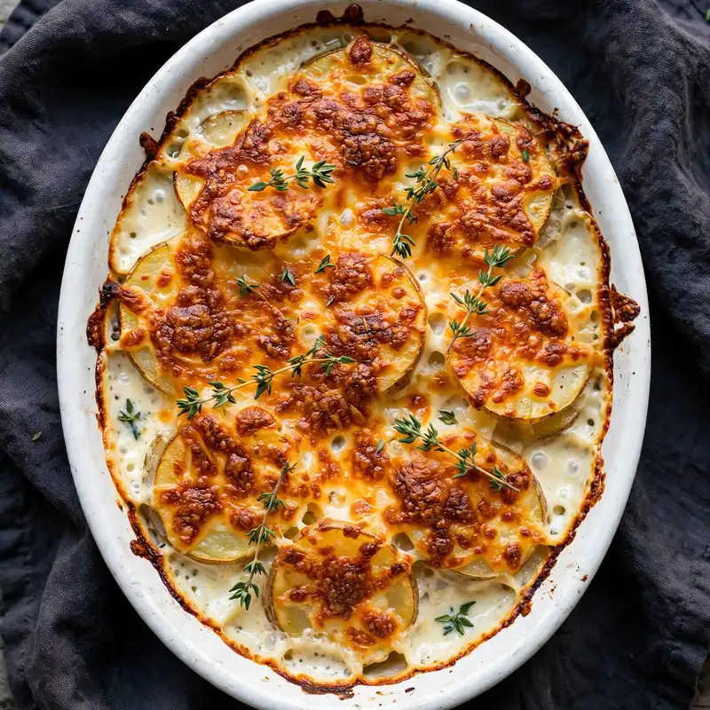 Creamy scalloped potatoes in white baking dish with golden cheese top
