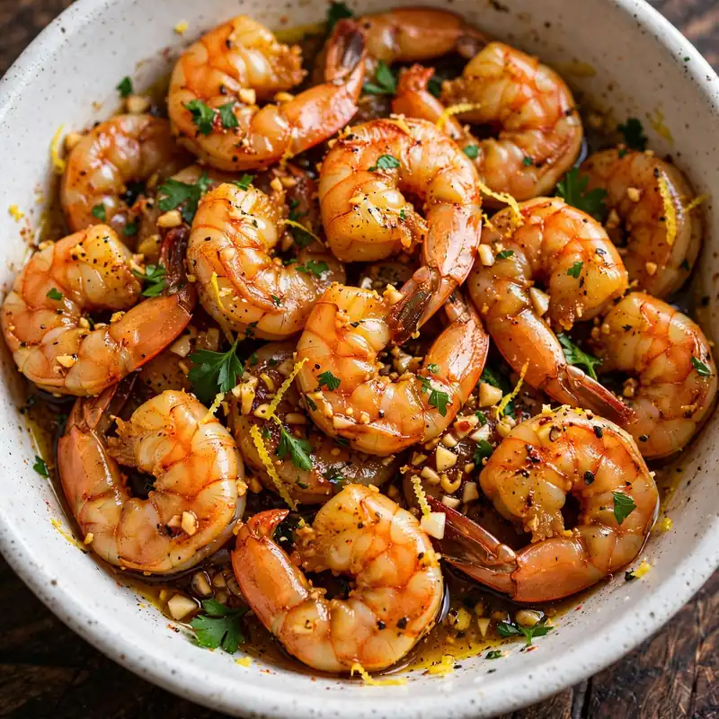 Marinated shrimp in white bowl with garlic, smoked paprika, and fresh parsley on dark wood