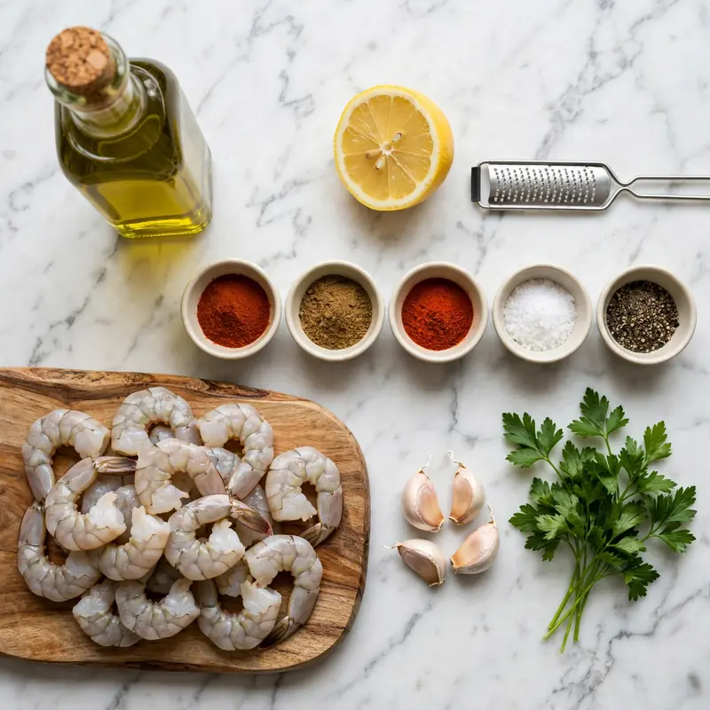 Shrimp marinade ingredients flat lay on white marble including raw shrimp, olive oil, lemon, garlic, and spices
