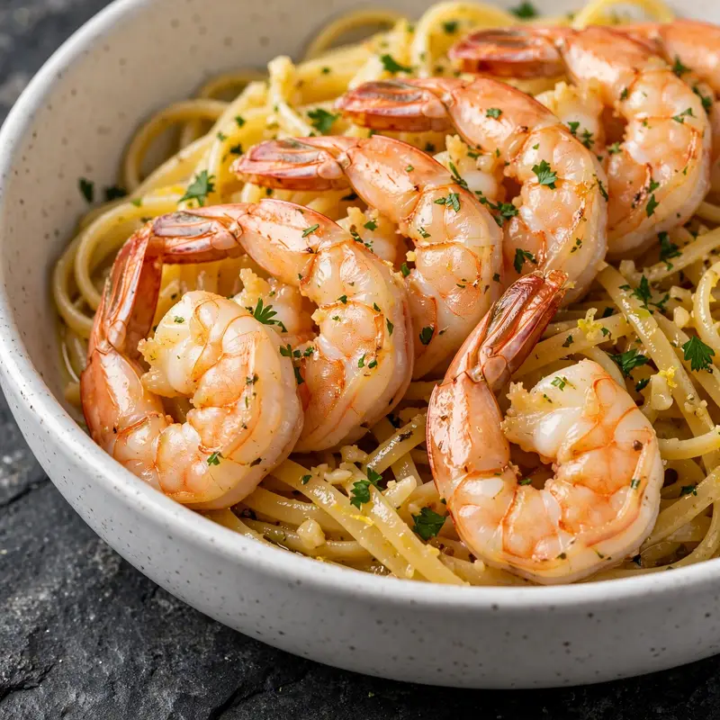 Final beauty shot of shrimp scampi in white bowl with golden shrimp over linguine, fresh parsley, and lemon on dark stone