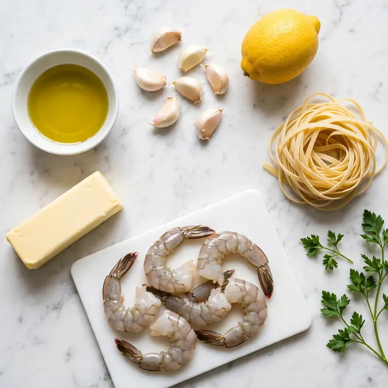 Shrimp scampi ingredients flat lay on white marble including raw shrimp, butter, garlic, lemon, broth, and parsley
