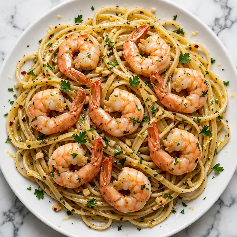 Overhead view of shrimp scampi on white pasta plate with golden shrimp, garlic butter sauce, parsley and lemon