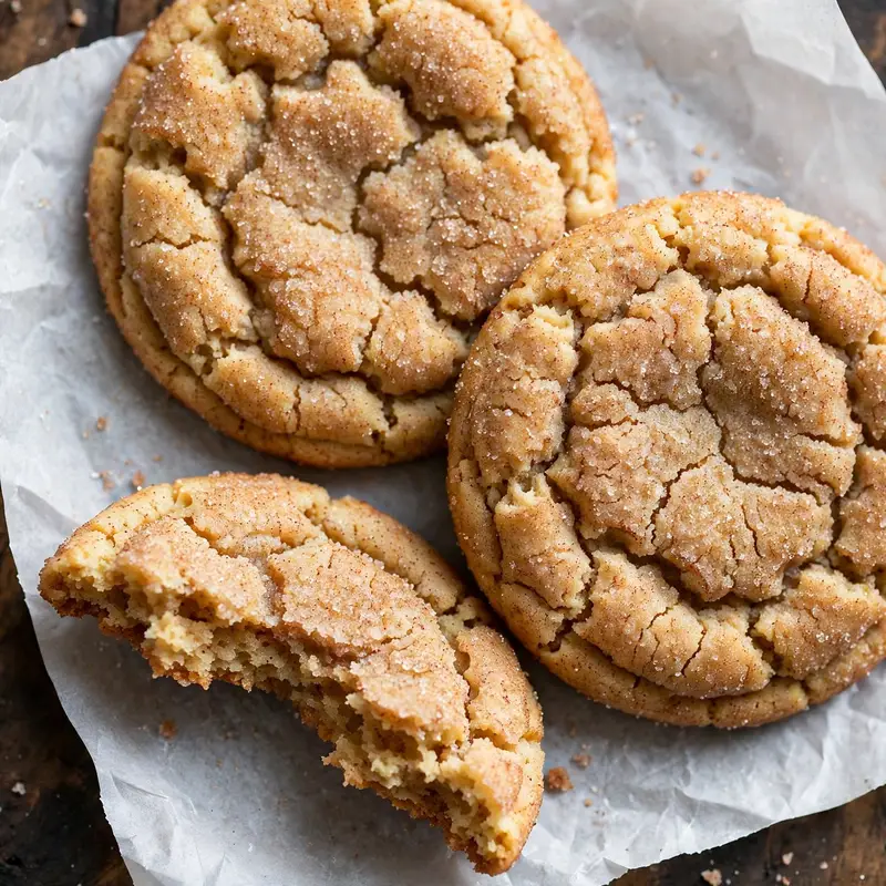 Three snickerdoodle cookies on parchment one broken in half showing chewy center
