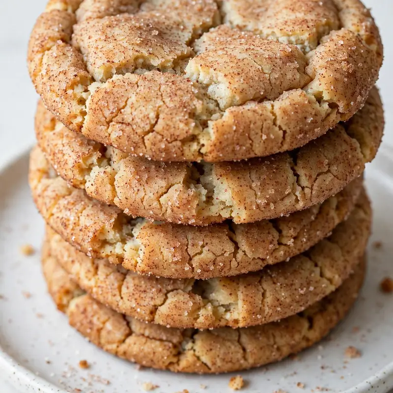 Stack of snickerdoodle cookies on white plate showing crinkled cinnamon sugar tops
