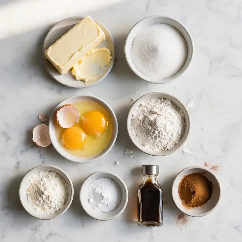 Snickerdoodle cookie ingredients flatlay on white marble including butter and sugar